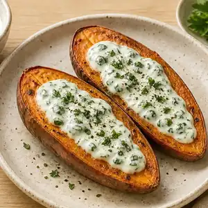 Patate douce farcie au tofu et aux épinards